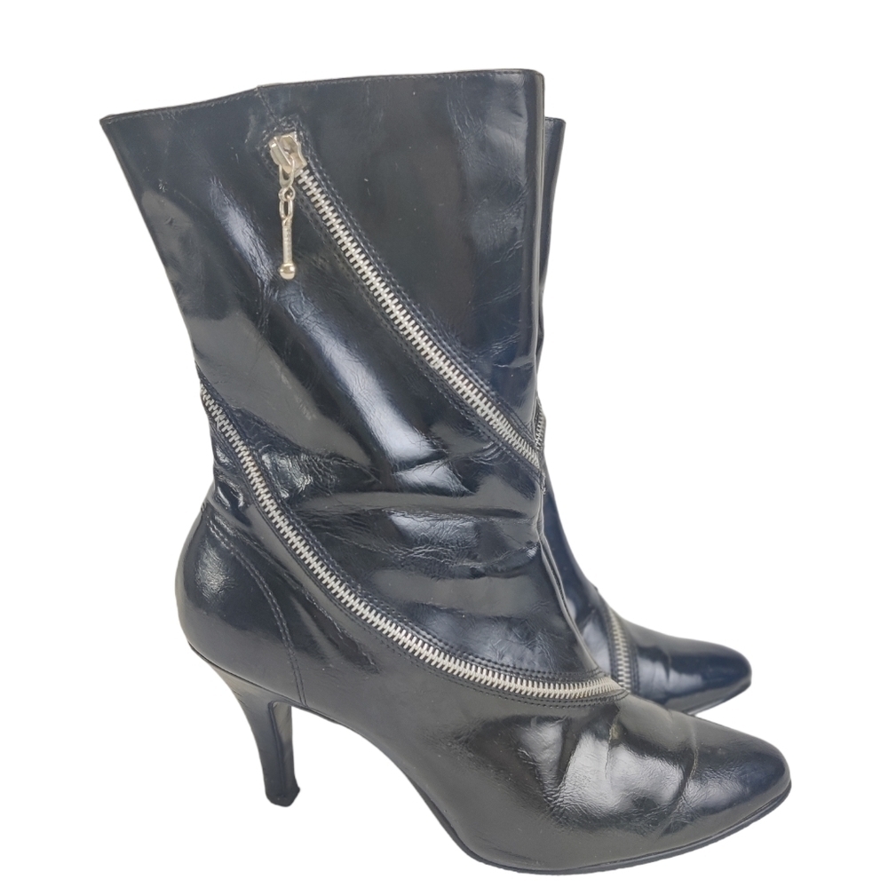 DIBA Wraparound Zipper Heeled Boots w/ Pointy Toe & Low Shaft Vegan Black Sz 9.5